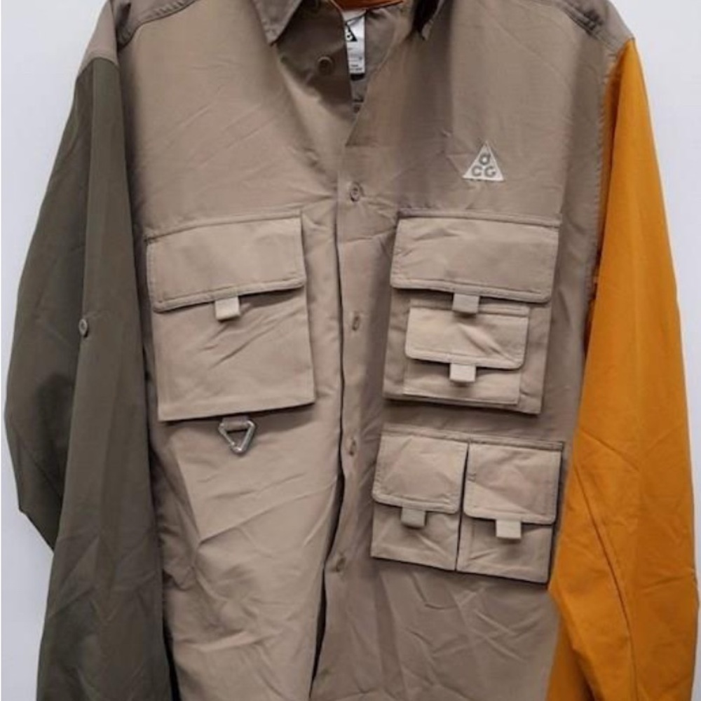 NWT Nike ACG UV Devastation Trail Stretch Cargo Men Medium Brown Button Up Shirt